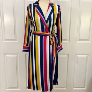 Chelsea28 Faux Wrap Dress Navy Stripe Multi Color Long Sleeve Womens Medium NWT
